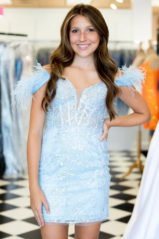 Women's Office Attire Light Blue Off-the-Shoulder Appliques Short Gown with Feathers