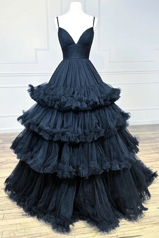 Women's Activewear Garments Black Tulle V-Neck Tiered Long Gown with Ruffles