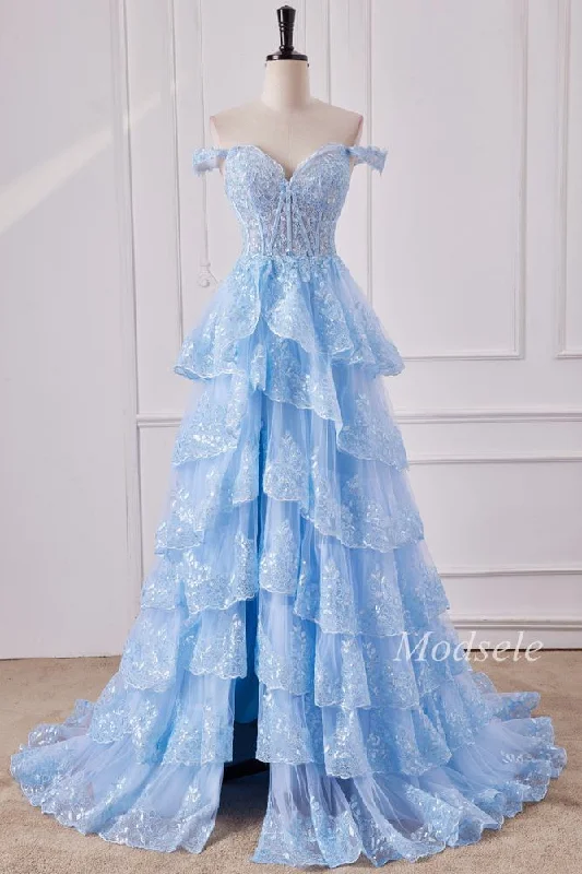 Women's Vintage Attire Light Blue Tulle Sequin Off-the-Shoulder Ruffle Long Gown with Slit