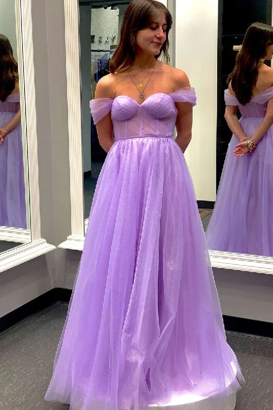 Affordable Women's Garments Lavender Off-the-Shoulder Bustier A-Line Prom Gown