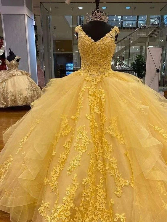 Women's Stylish Vacation Attire Yellow Ball Gown Prom Dresses Lace Evening Formal Party Prom Dress     S1079