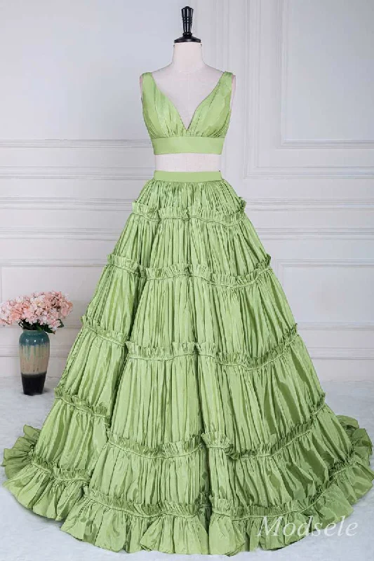 Women's Fashionable Attire For Work Two-Piece Green Taffeta V-Neck Ruffle Ball Gown