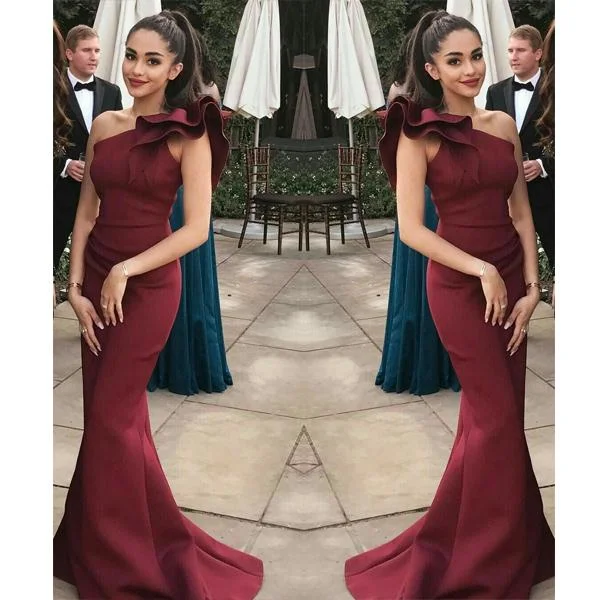 Bold and Elegant Women's Fashion Charming Elegant Burgundy  Mermaid One Shoulder Flounced Sexy Prom Dresses， Evening Gowns ,PD1011