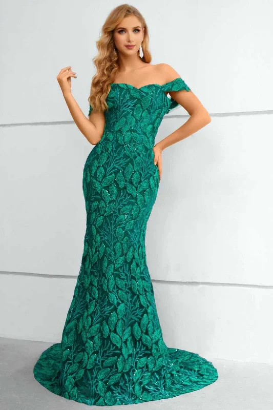 Women's Chic Outerwear Attire Green Lace Off-the-Shoulder Mermaid Long Formal Gown