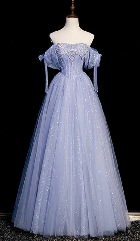 Timeless Women's Garments Blue tulle beaded long ball gown A-line formal gown      S838