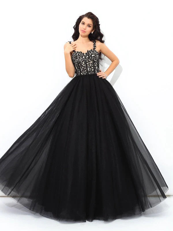 Women's Comfortable Lounge Attire Ball Gown Straps Applique Sleeveless Long Net Quinceanera Dresses TPP0002196