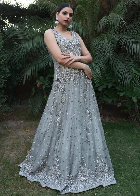 Women's Night-Out Outfit Beautiful gown dress embroidered with pearls in grey color # B3360