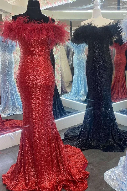 Women's Comfortable Lounge Attire Red Sequin Off-the-Shoulder Feathers Mermaid Long Prom Gown