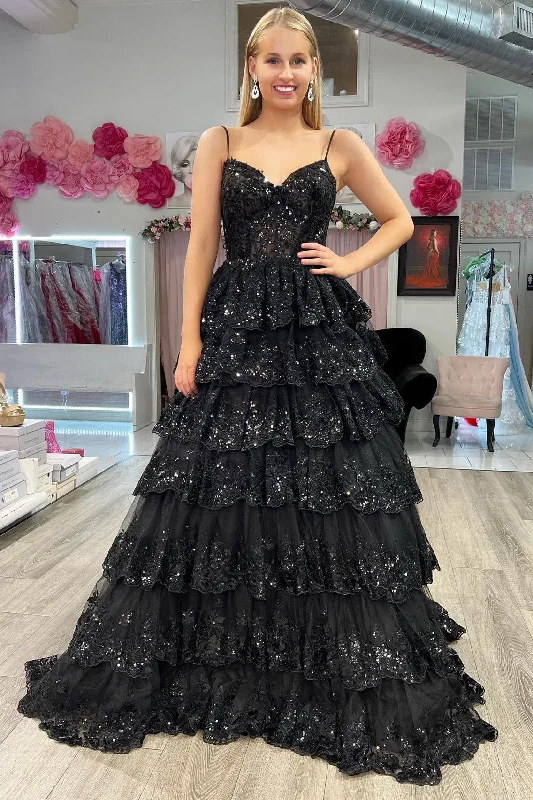 Women's Vacation Garments Black Tulle Sequin Tiered Long Gown with Spaghetti Straps