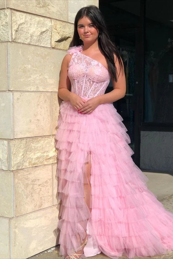 Women's Casual Attire Plus Size Ball Gown Lace One Shoulder Multi-Tiered Prom Dress with Ruffles