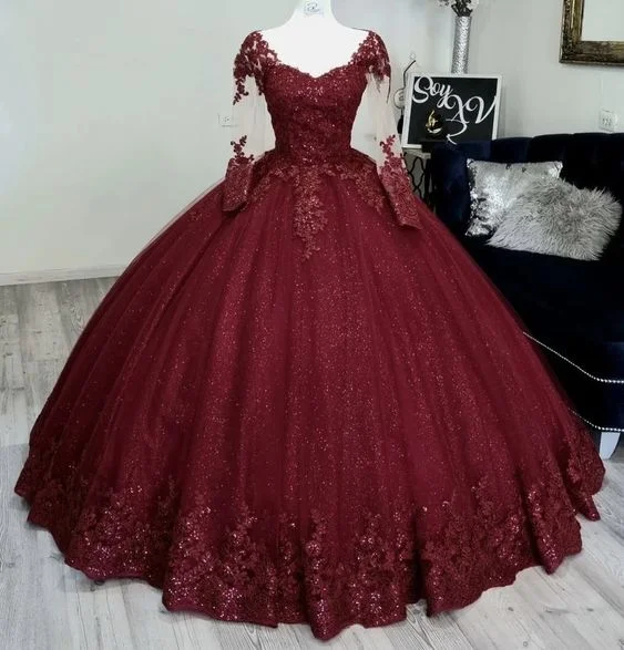 Women's Cozy Winter Attire Gorgeous Ball Gown Burgundy Prom Dress Long Evening Gowns     S1203