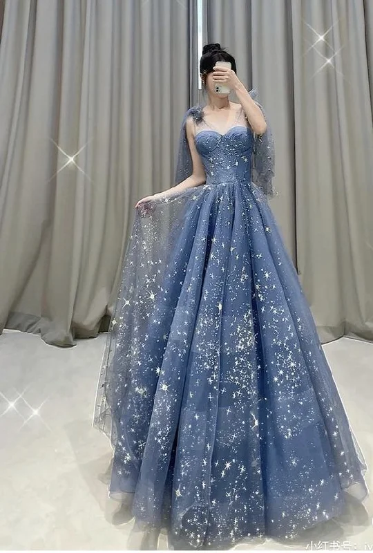 Women's Clothing And Garments Sets Blue Tulle Prom Gown Evening Dress Long Prom Dress    S883