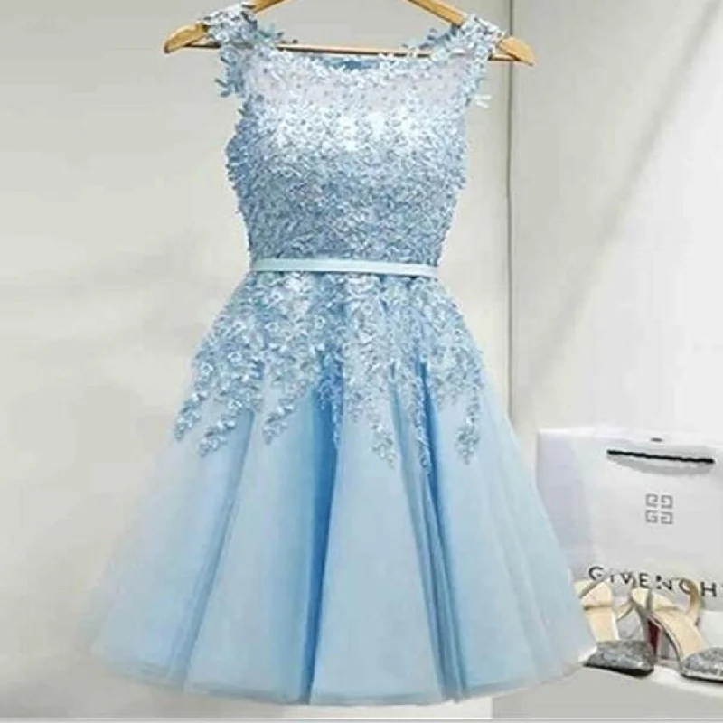 Women's Evening Wear Light blue appliques lace see through lovely freshman homecoming prom gown dress,BD00109