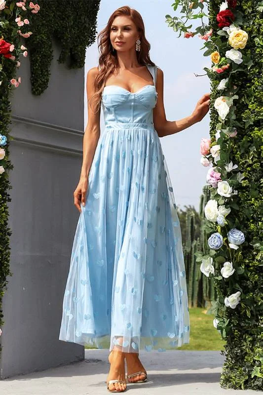 Women's Evening Wear Attire Light Blue Tulle Sweetheart A-line Sleeveless Prom Gown