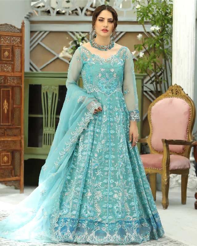 Stylish Everyday Clothing Embroidered Blue Long Organza Gown Pakistani Dresses