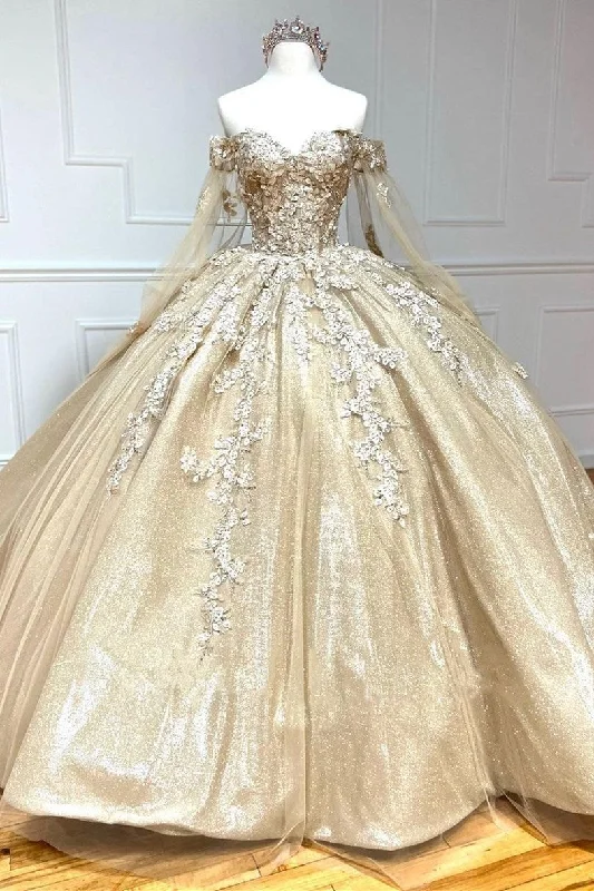 Women's Elegant Formal Outfit Glamorous Gold Sweetheart Ball Gown with Cape Sleeves