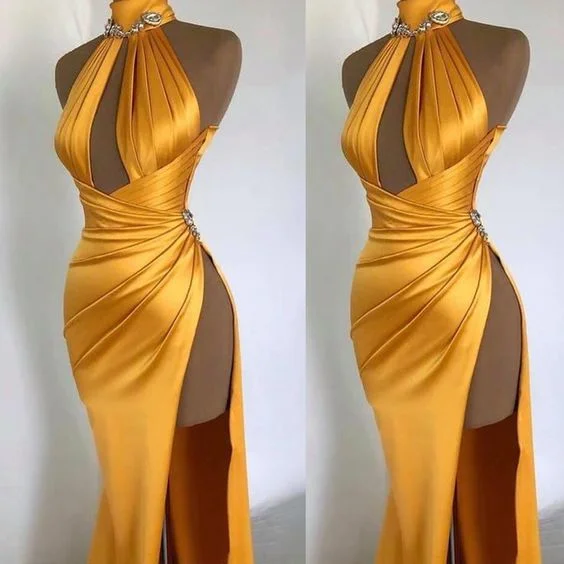 Women's Classic Attire High Neck Yellow Evening Dresses Sexy Mermaid Beaded Elegant Formal Evening Gown    S1099