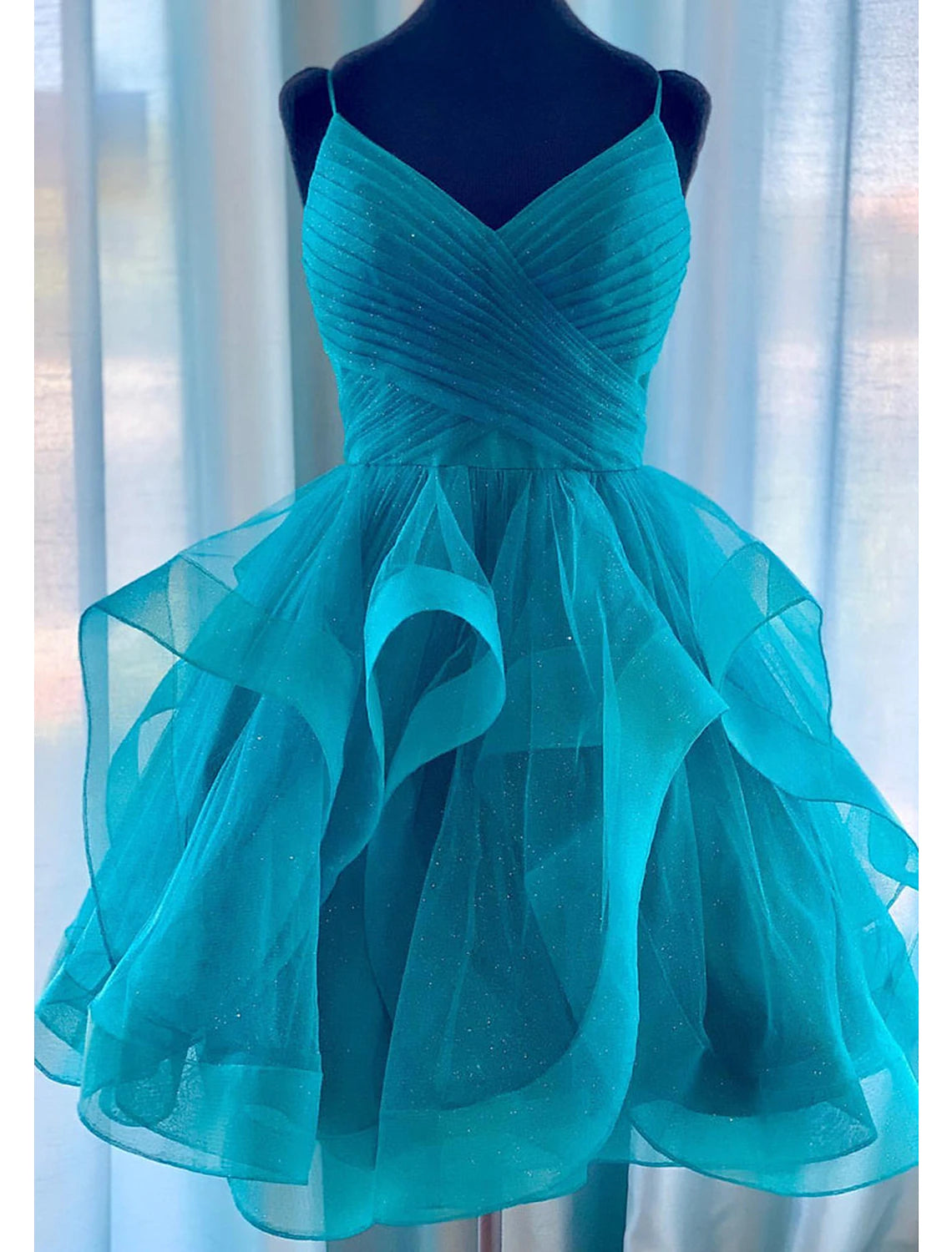 Women's Evening Garments Ball Gown Homecoming Dresses Glittering Mini Dresses Puff Tiered Dresses Sleeveless Spaghetti Strap Tulle