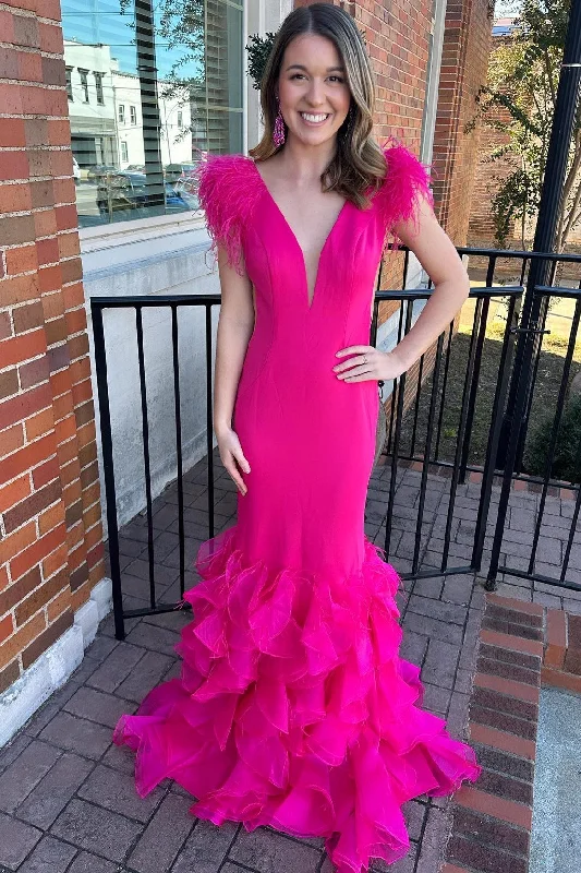 Casual Garments For Women Hot Pink Plunge V Feather Ruffle Multi-Layer Long Gown