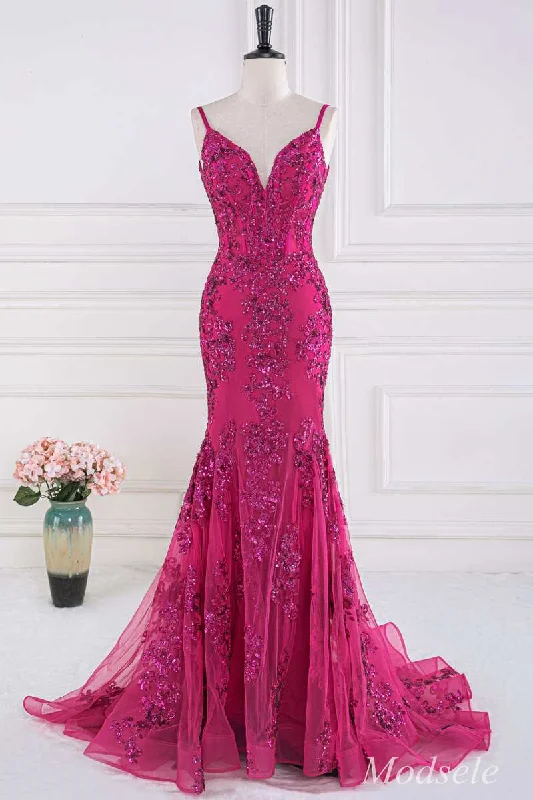 Women's Comfy Attire For Lounging Magenta Sequin Appliques V-Neck Trumpet Long Gown