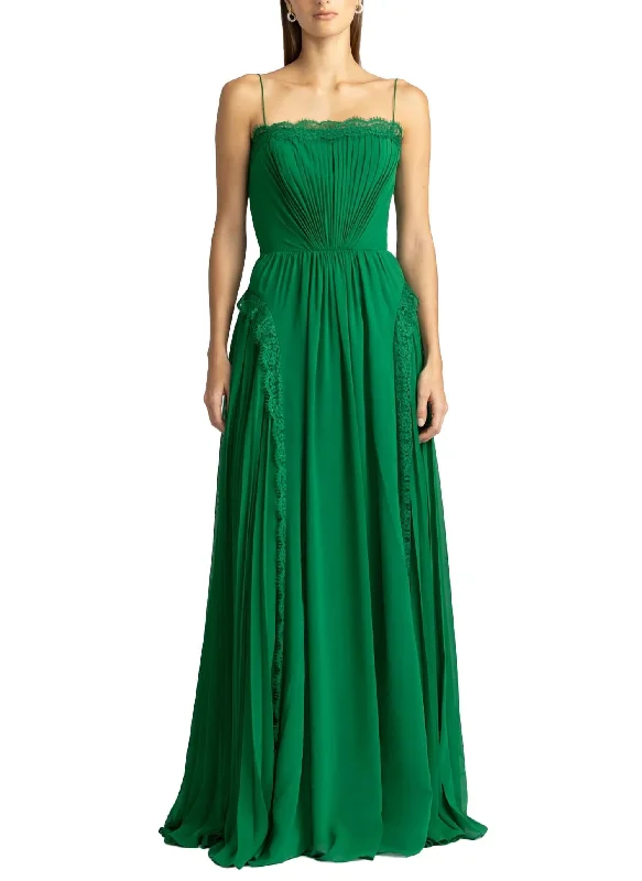 Formal Garments For Women Pleated Tulle Gown With Ruffle Trims In Green