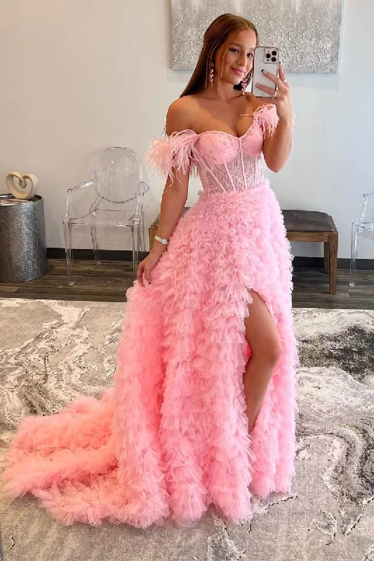 Women's Vacation Attire A-Line Sweet Pink Off-the-Shoulder Bustier Feather Prom Gown