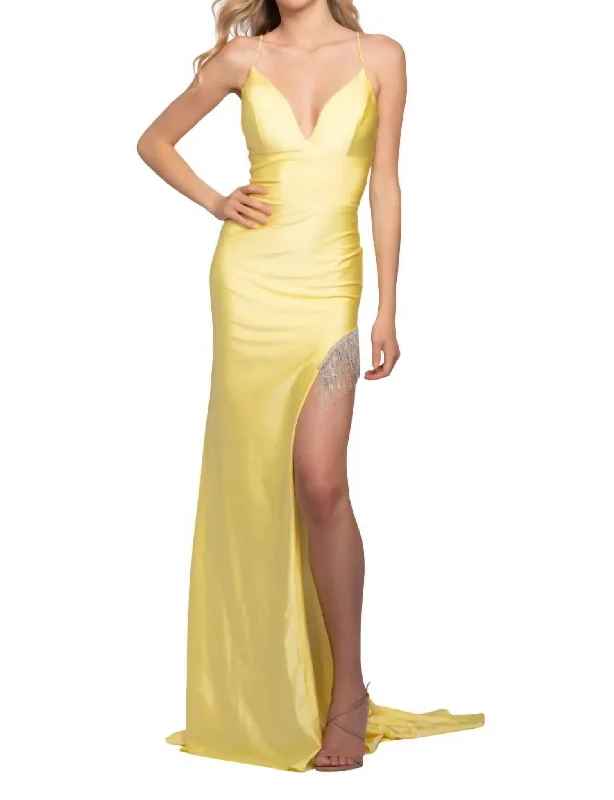 Women's Transitional Attire Sparkle Fringed Leg Gown In Yellow