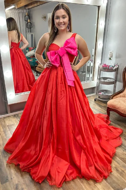 Stylish Women's Garments Red One-Shoulder Bow Ball Gown