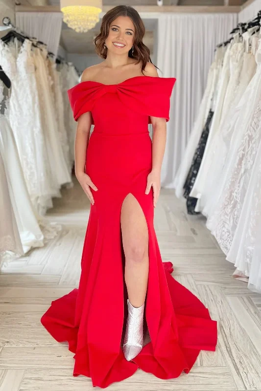 Women's Chic Outerwear Attire Evening Dress Off-the-Shoulder Bow Mermaid Cultivate oneself Gown with Slit Elegant Exquisite Sweet Formal Women's Dresses