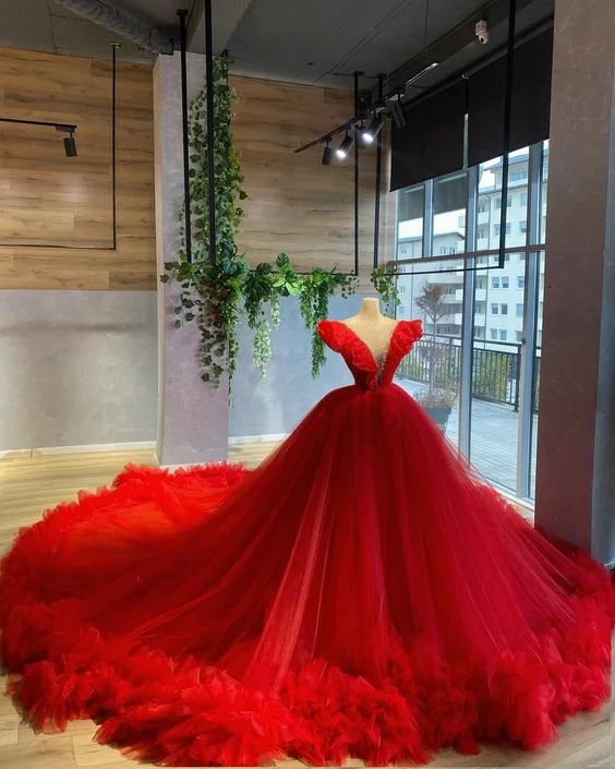 Women's Comfortable Lounge Garments Red Tulle Prom Dress Ball Gown Evening Dress   S774