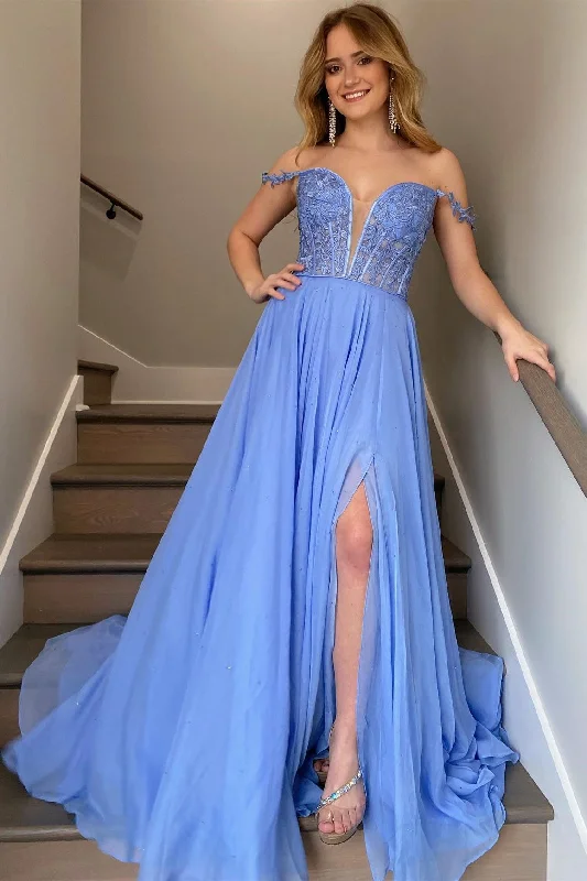 Women's Resort Attire Periwinkle Off-the-Shoulder A-line Princess Prom Gown