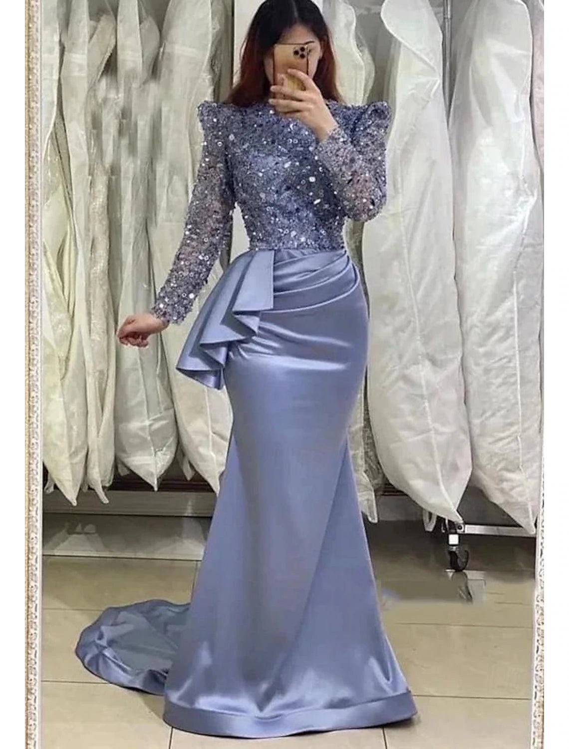 Women's Elegant Apparel Formal Dress Tea Length 3/4 Length Sleeve Square Neck Stretch Fabric with Feather Evening Gown Elegant Dress