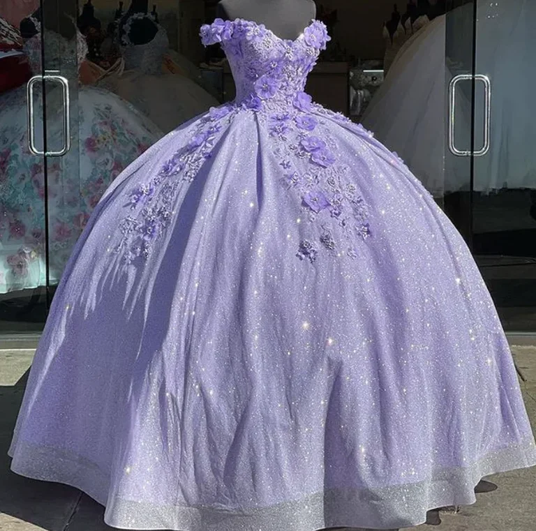 Women's Functional Outdoor Garments Lavender Ball Gown Off The Shoulder Prom Dress With 3D Flowers    S603