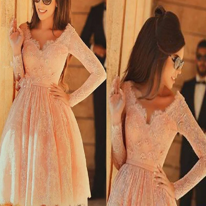 Exclusive Women's Fashion Collection Long sleeve pink lace knee-length v-neck charming homecoming prom gown dress,BD0018