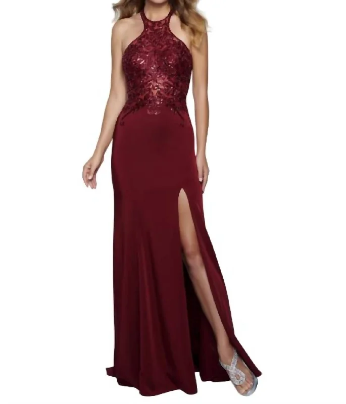 Women's Trendy Attire Embellish Halter Gown In Marsala