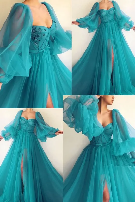 Women's Stylish Professional Garments Puff Sleeve Prom Dresses Side Slit A Line Evening Gowns    S768