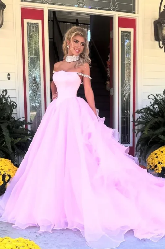 Women's Stylish Vacation Attire Pink Off-Shoulder Ruched Beads Ball Gown Princess Prom Formal Dress