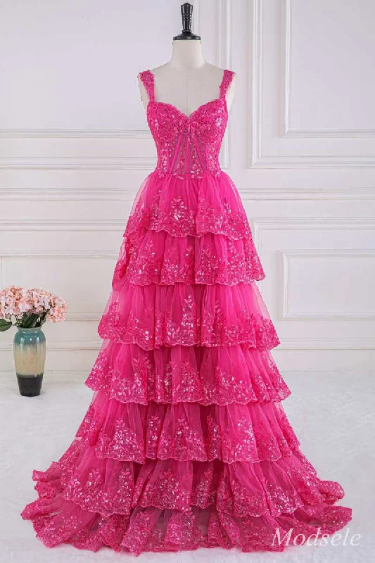 Women's Holiday Attire Fuchsia Tulle Sequin Sweetheart Ruffle Multi-Layer Ball Gown