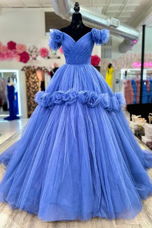 Women's Trendy Garments Periwinkle Tulle Off-the-Shoulder Ball Gown with Flowers