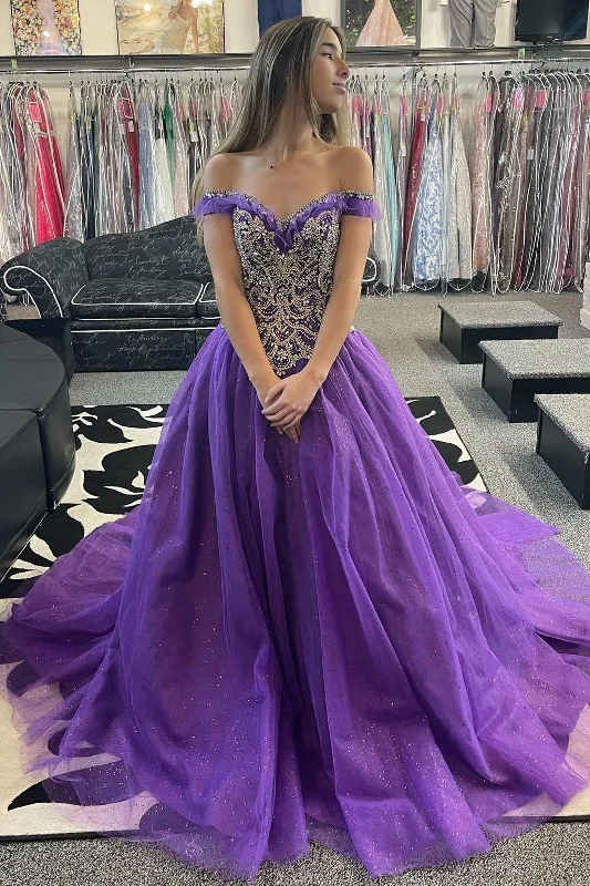 Women's Travel Outfit Set Princess Purple Beaded Off-the-Shoulder Ball Gown