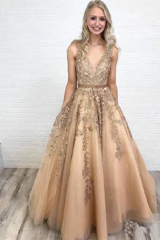 Women's Transitional Attire Ball Gown Gold Lace Long Prom Dresses with Appliques V Neck Tulle Evening Dresses