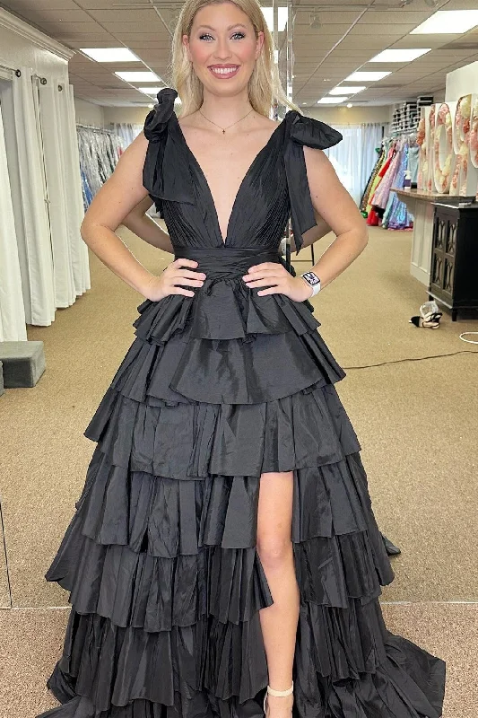 Women's Casual Attire Black Plunge V Ruffle Tiered Ball Gown with Slit