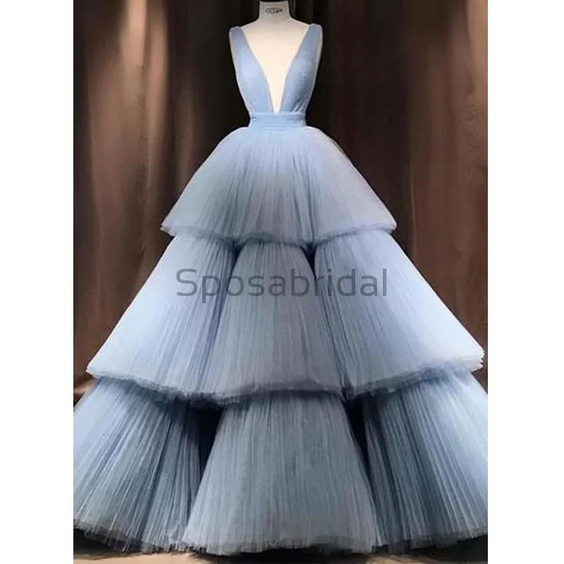 Chic Women's Clothing A-line Blue Tulle Deep V-Neck Unique Modest Gorgeous Long Prom Dresses, Ball gown PD1508