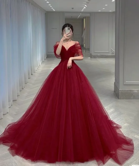 Women's Outdoor Activity Garments Burgundy Tulle Prom Gown Evening Dress     S877