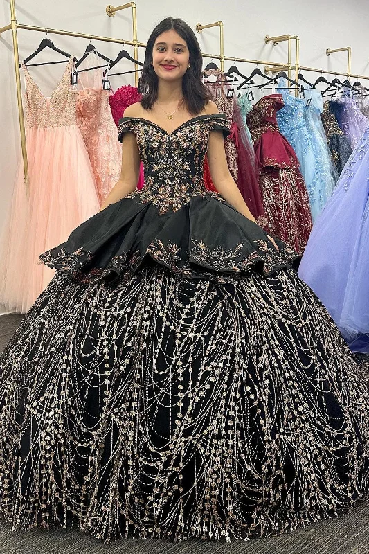 Women's Trendy Casual Outfit Glamorous Black Appliques Off-the-Shoulder Ball Gown