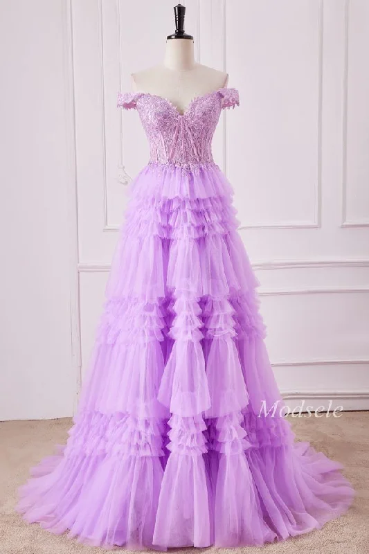 Women's Outerwear Garments Lilac Glitter Appliques Off-the-Shoulder Ruffle Tiered Gown