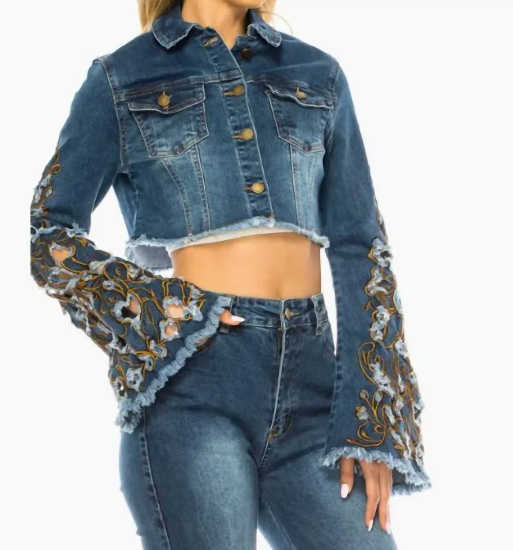 Timeless Women's Fashion Styles Floral Lace Jean Jacket In Denim