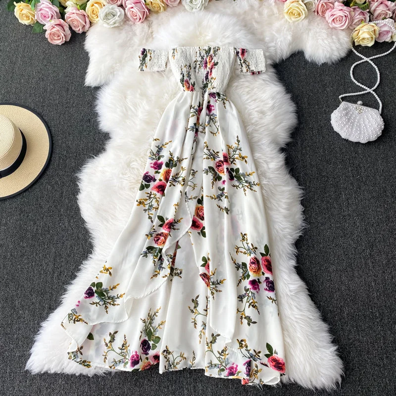 Women's Chic Outerwear Garments Fashion temperament one shoulder Strapless Floral Dress  2927