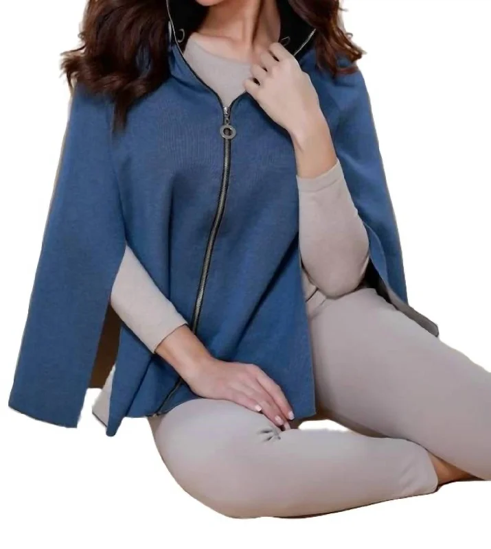 Women's Clothing For Special Occasions High Slit Detachable Hooded Poncho In Denim Stone