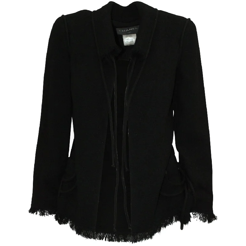 Stylish Dresses for Women Chanel Short Tie Neckline Fringe Cardigan Jacket in Black Wool